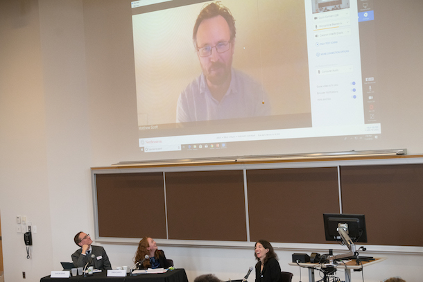 Matthew Scott, Researcher and Team Leader, People on the Move, Raoul Wallenberg Institute of Human Rights and Humanitarian Law, skyped in for a panel on legal borders.
