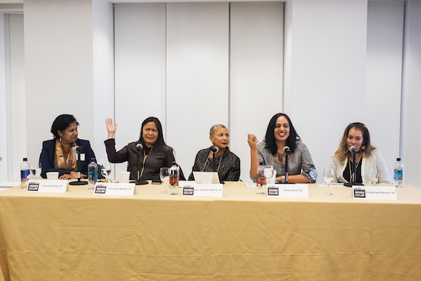 L-R: Chaumtoli Huq ’97, Associate Professor of Law, CUNY School of Law; former General Counsel Litigation, New York City Office of the Public Advocate; Editor, Law at the Margins; Carmelyn Malalis ’01, Chair and Commissioner, New York City Commission on Human Rights ; The Honorable Victoria Roberts 76, US District Court Judge, US District Court for the Eastern District of Michigan; Susan Shah ’02, Managing Director of Racial Justice, Trinity Church Wall Street; Angélicque Moreno ’93, President, New York State Academy of Trial Lawyers; Partner, Avanzino & Moreno