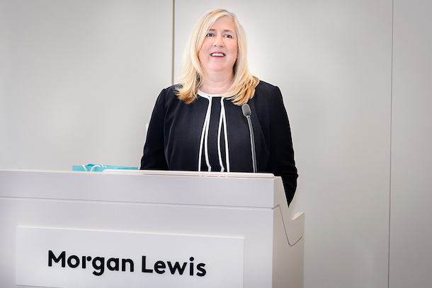 Lisa Barton, managing partner at Morgan Lewis, delivers welcoming remarks.