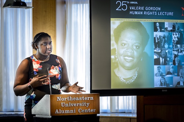 Each year, in conjunction with the Gordon Lecture, the Black Law Students Association sponsors a human rights essay contest forrnfirst-year law students. This year, the Spirit of Valerie Gordon Awardrnwas awarded to Jasmine Brown ’21, who read excerpts from her essay, “The Hungry Among Us: A Study on Winston-Salem’s Food Insecurity and Solutions Establishing the Human Right to Food.”