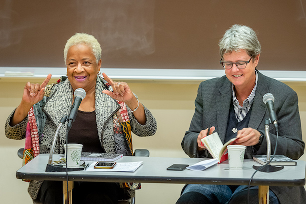Professor Margaret Burnham, found and director of Northeastern Laws  Civil Rights and Restorative Justice, and Katherine Franke ’86, Sulzbacher Professor of Law, Gender, and Sexuality Studies, Columbia University.