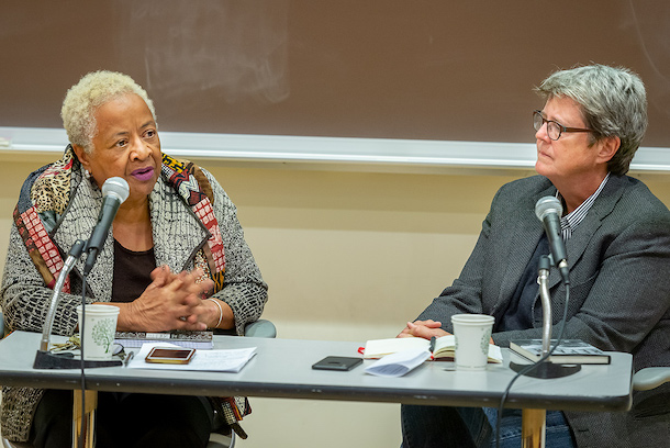 Professor Margaret Burnham, found and director of Northeastern Laws  Civil Rights and Restorative Justice, and Katherine Franke ’86, Sulzbacher Professor of Law, Gender, and Sexuality Studies, Columbia University.