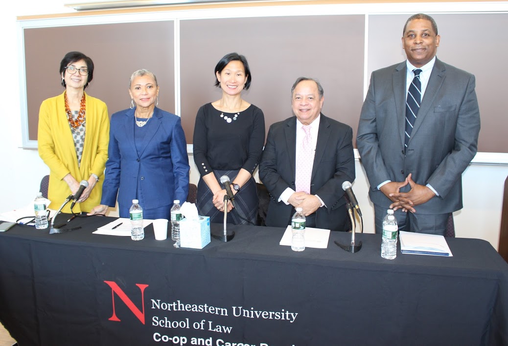 L-R: Justice Fernande (Nan) Duffly (ret.), Massachusetts Supreme Judicial Court; Judge Victoria Roberts ’76, US District Court for the Eastern District of Michigan; Justice Gloria Tan,  Middlesex County Juvenile Court; Judge Jose Sanchez ’87, Assistant Chief Immigration Judge, US Department of Justice, Office of the Chief Immigration Judge; Judge Donald Cabell ’91, US District Court for the District of Massachusetts — at Northeastern University School of Law.