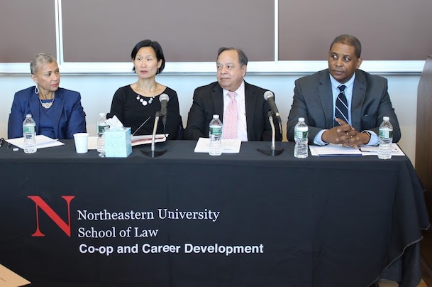 L-R: Judge Victoria Roberts ’76, US District Court for the Eastern District of Michigan; Justice Gloria Tan, Middlesex County Juvenile Court; Judge Jose Sanchez ’87, Assistant Chief Immigration Judge, US Department of Justice, Office of the Chief Immigration Judge; Judge Donald Cabell ’91, US District Court for the District of Massachusetts