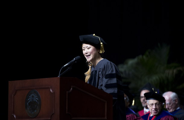Courtney Allessio ’14 gives her address to fellow law gradxaduxadates at commencexadment.