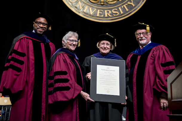 L-R: Dean James Hackney, the Honorable Katherine McHugh ‘74, Judy Perry Martinez and Provost James Bean.
