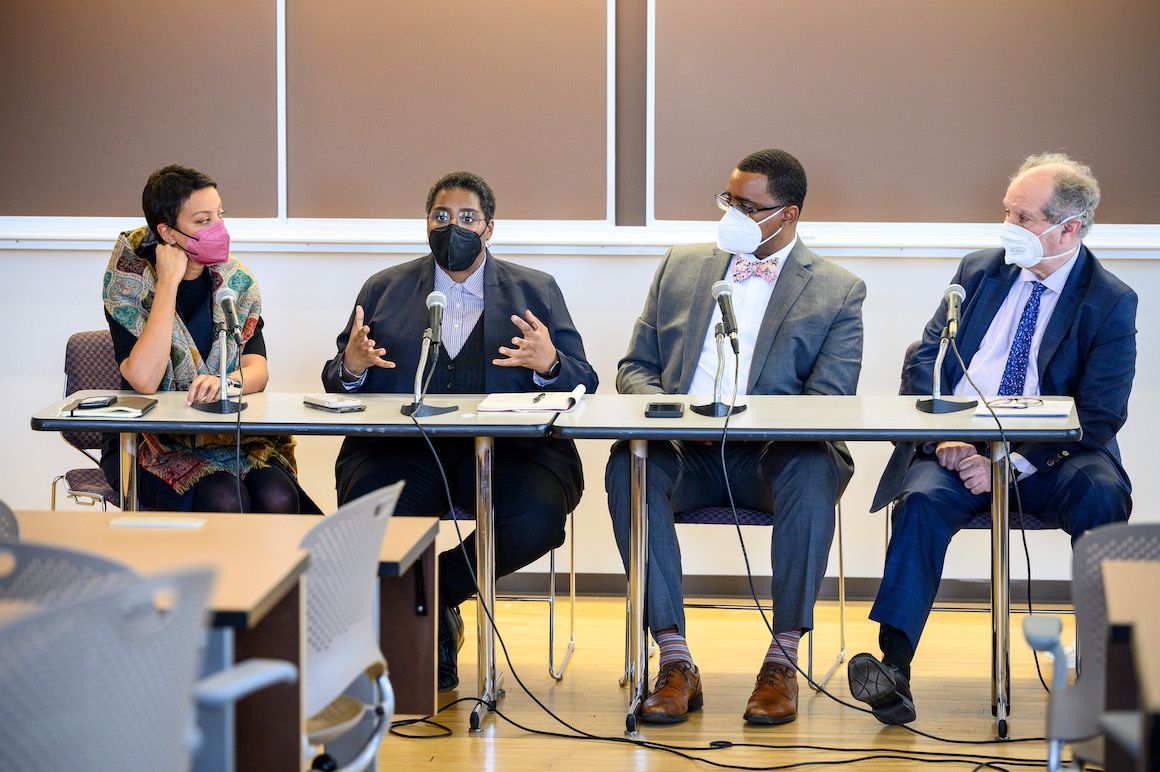 Left to right: Keesha Gaskins-Nathan ’99, director of the Democratic Practice–United States program at the Rockefeller Brothers Fund, Rahsaan Hall ’98, former director of the Racial Justice Program of the ACLU of Massachusetts and Professor Jeremy Paul