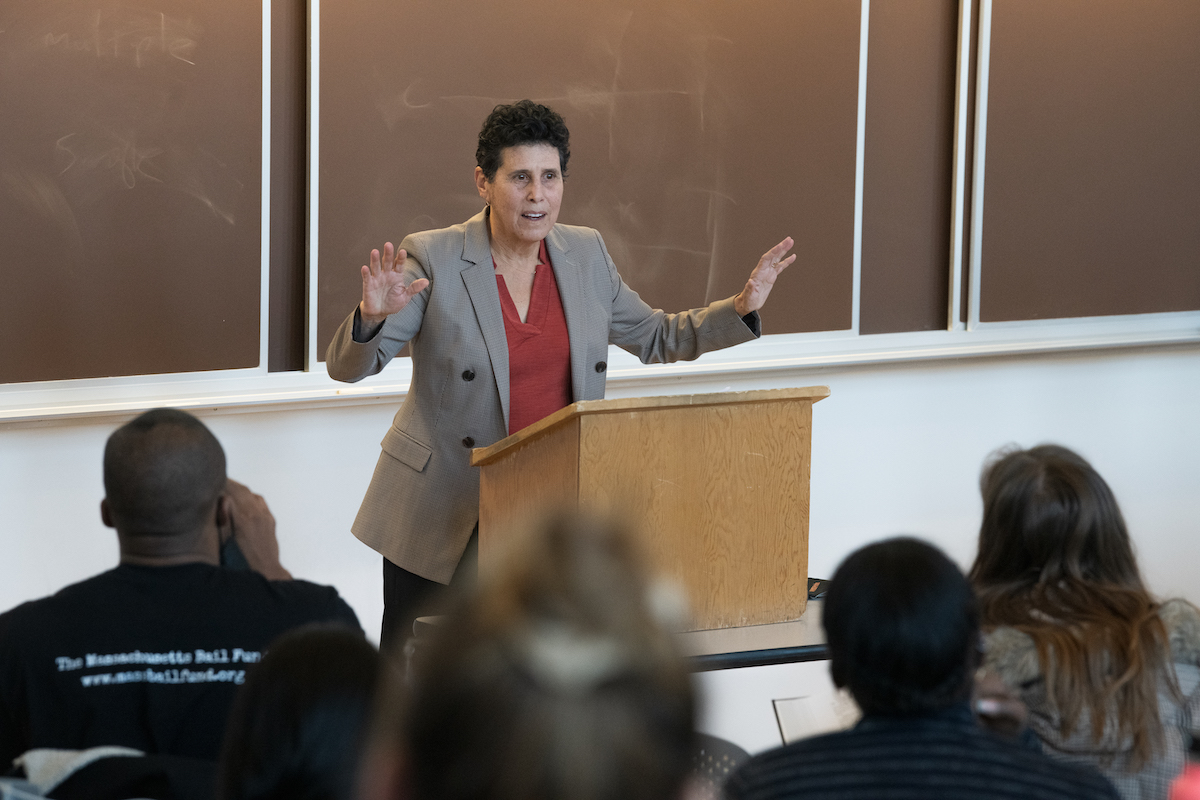 Debra Katz addresses Professor Martha Davis' Con Law class. 