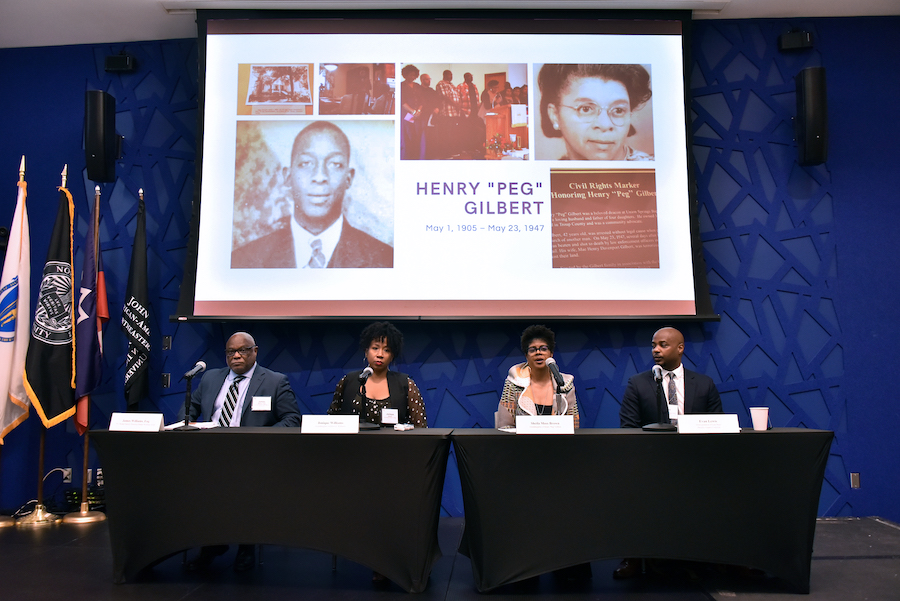 Left to right: James Williams, Esq., Pvt. Booker Spicely Historical Marker Working Group; Jonique Williams, Granddaughter of Edwin C. Williams; Sheila Moss Brown, Granddaughter of Henry “Peg” Gilbert; Evan Lewis, Great-grandson of Lent Shaw; Director, Legacy Coalition