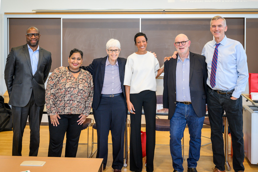 Left to right: Dean James Hackney, Sunu Chandy ‘98,  Barbara Macy ’84, Katherine Grainger ’02, Kevin Cathcart ’82 and Richard Burns ’83 