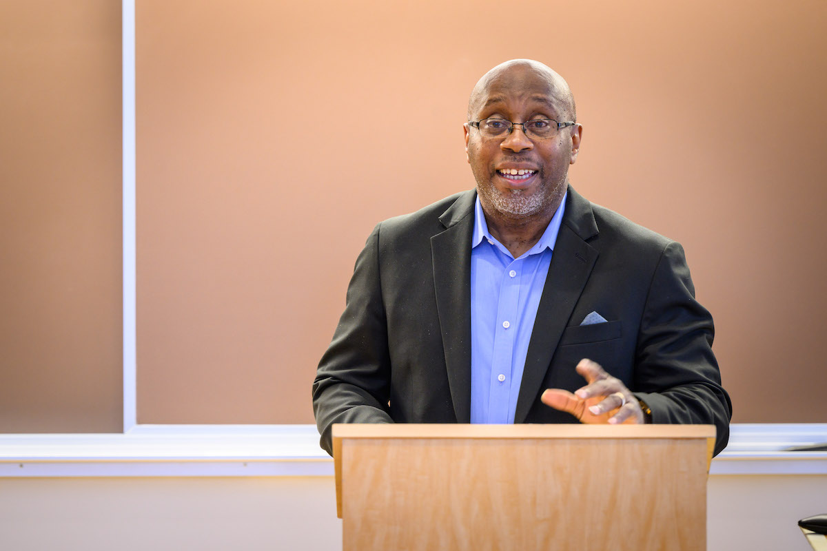 Christian Lamar ’93, husband of the late Valerie Gordon ’93, encouraged students to stay connected with Northeastern Law.