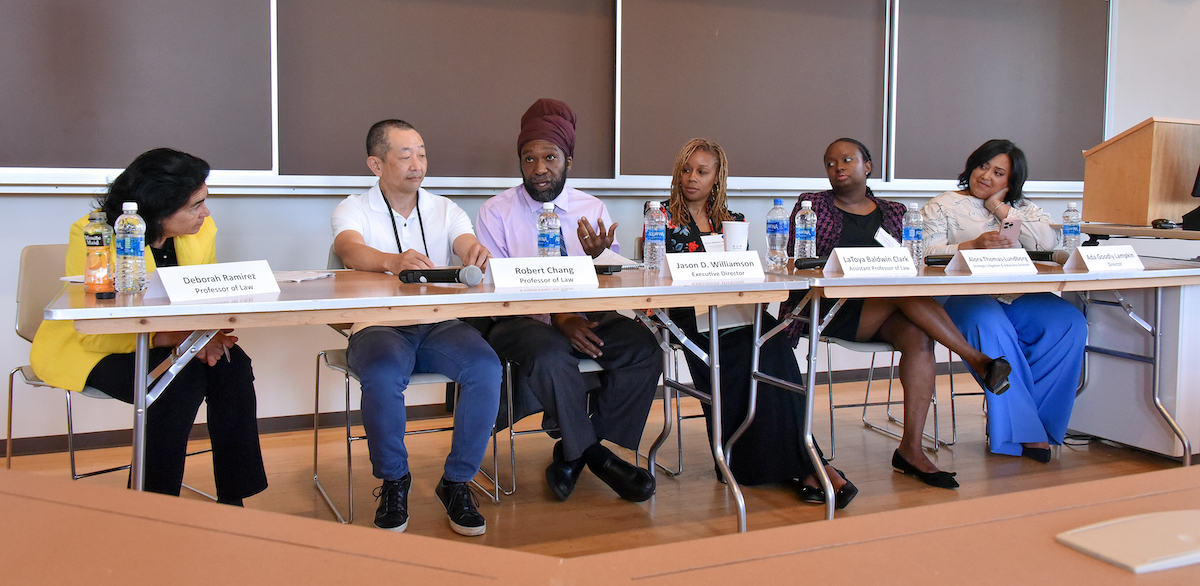 Professor Deborah Ramirez (left) moderates a panel on the Current Work of Racial Justice Centers and the Way Forward to Advance Democracy