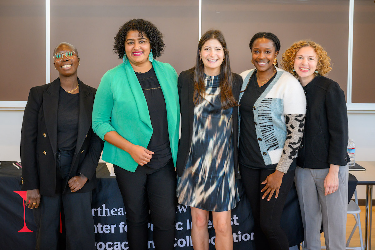 Left to right: Lola Remy, Hema Sarang-Sieminski ’05, Hayat Bearat, Morgan Wilson ’17 and Renay Frankel ’06, managing director of Northeastern Law’s Center for Public Interest Advocacy and Collaboration