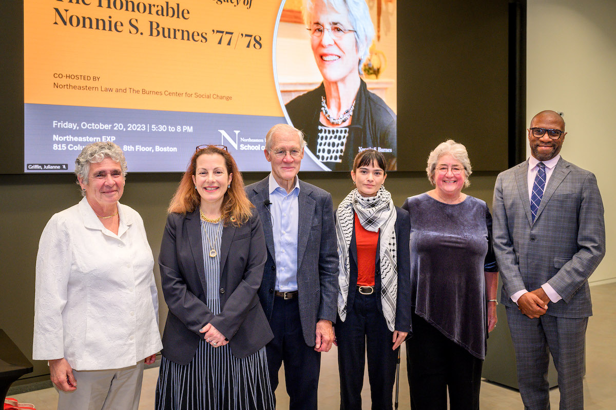 Left to right: Elyse Cherry ’83, Professor Beth Noveck, Richard Burnes, Michelle Fujii ’24, the Honorable Carol Ball ’76 and Dean James Hackney at Friday night’s panel in honor of the Honorable Nonnie Burnes ’77/’78;
