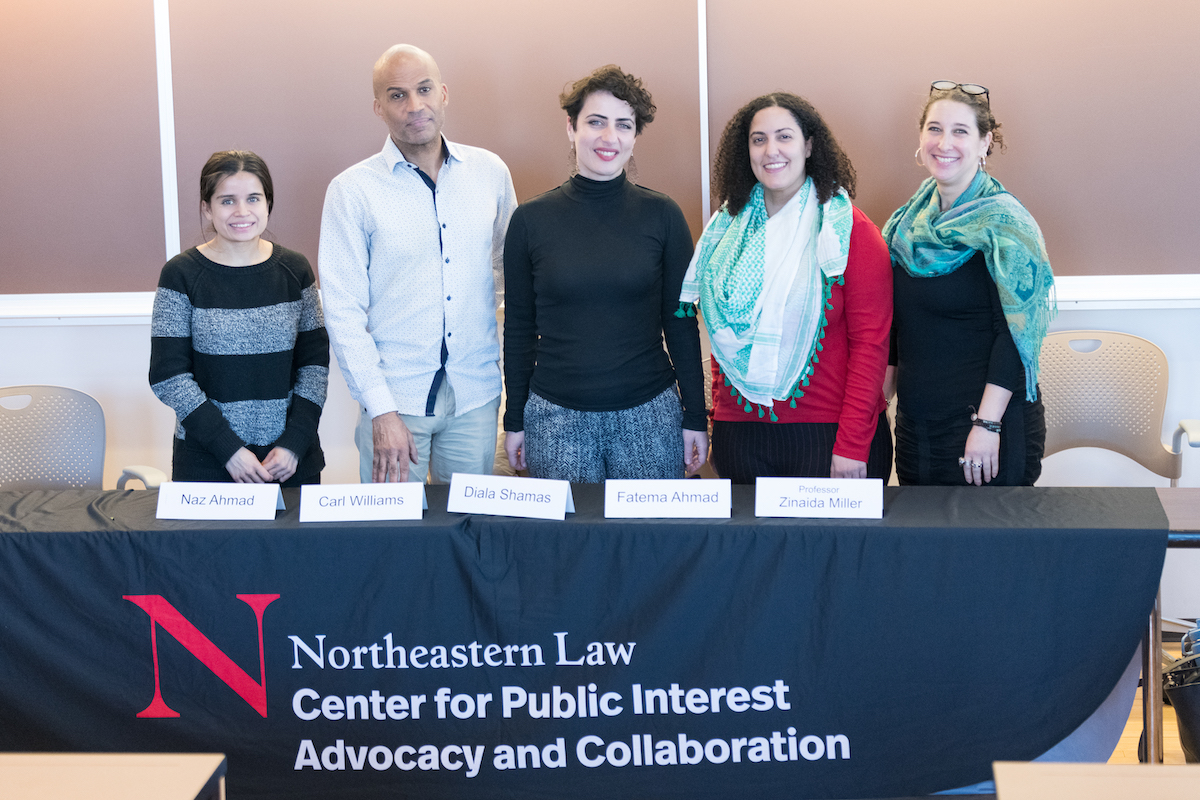 Left to right: Naz Ahmad, staff attorney at Creating Law Enforcement Accountability and Responsibility (CLEAR); Carl Williams, assistant clinical professor at Cornell Law School; Diala Shamas, senior staff attorney at the Center for Constitutional Rights; Fatema Ahmed, executive director at the Muslim Justice League; Professor Zinaida Miller 
