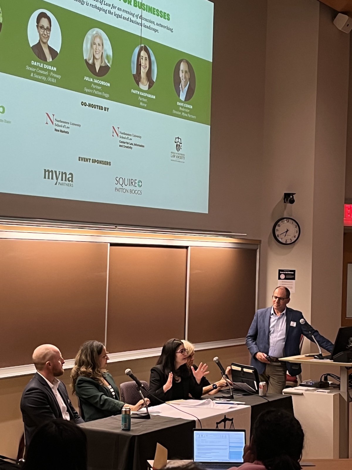 Left to right: Garth Davis, privacy counsel at Headspace; Dayle Duran,  senior counsel, privacy security and AI at ŌURA;  Faith D. Kasparian, partner at Morse Law; Julia Jacobson, partner in Squire Patton Boggs' data privacy, cybersecurity an digital assets practice; and Dave Cohen, director at Myna Partners. 