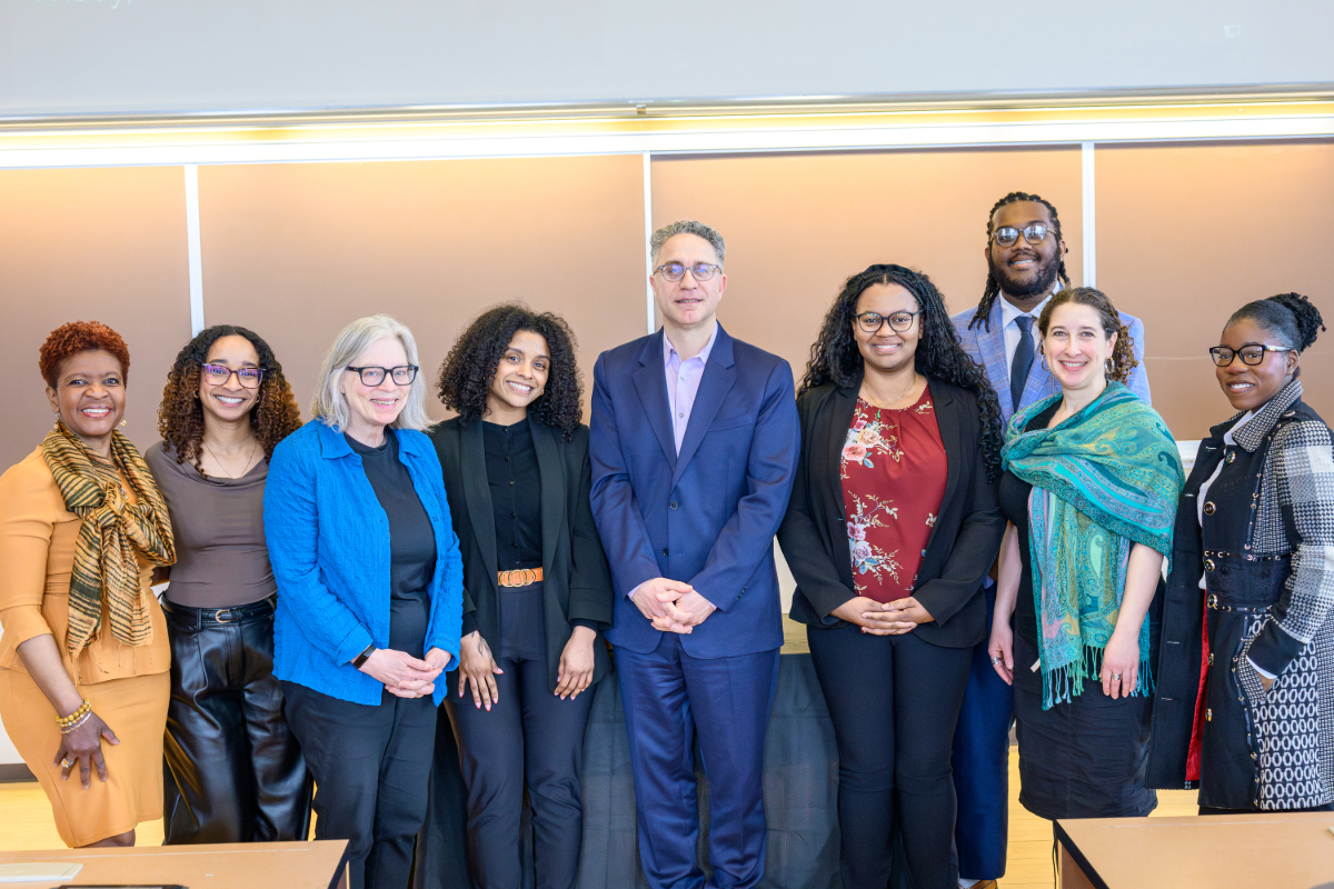 Left to right: Jasmine Brown-Jutras ’27, Antoinette Coakley, Martha Davis, Diamond Blaylock-Norris ’27, Jamil Dakwar, Chanel Palmer ’27, Lamar Richards ’28, Zinaida Miller and Malaika Jarvis ’27